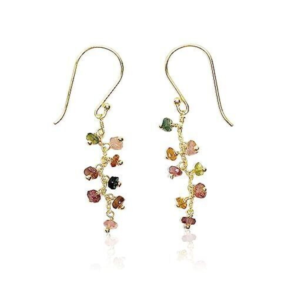 3580 Handmade Rainbow Tourmaline Dangle Earrings 18K Gold Plated Brass